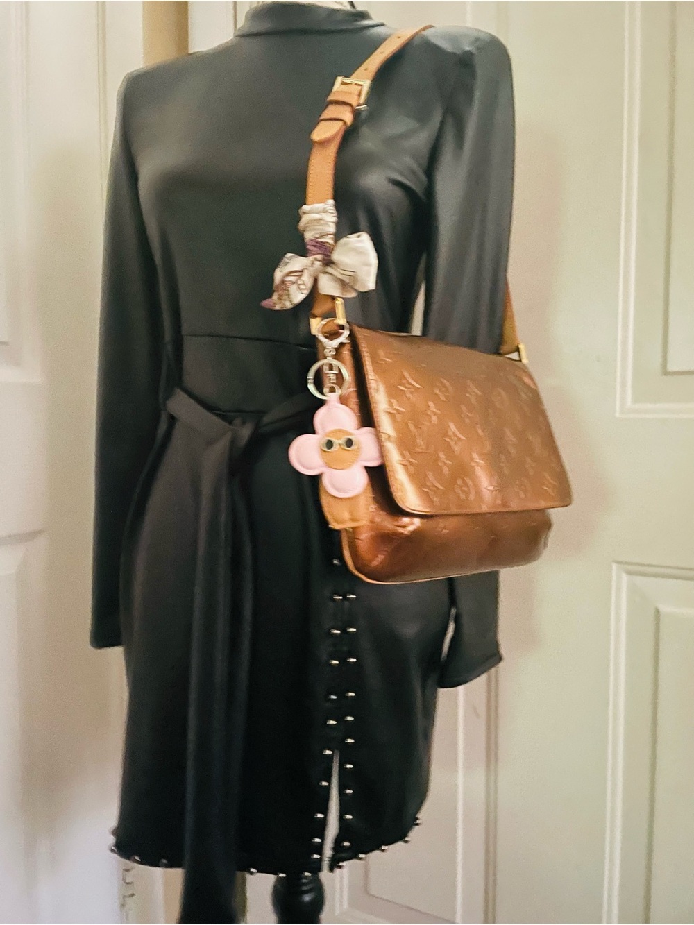 Louis Vuitton Bronze Monogram Crossbody Shoulder Bag with Pink Flower Charm